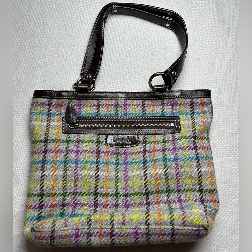 Coach Tattersall Plaid Wool Tote Bag Gray Leather Trim Shoulder Bag F15536